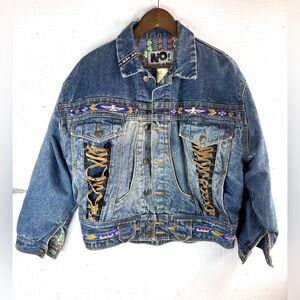 NO! Jeans M Vtg 80s Indian Bead Western Super RARE Unique Blue Jean Crop Jacket
